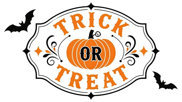 Halloween trick or treat vintage sign with pumpkin and flying bat illustration