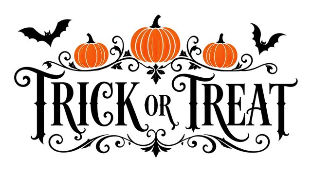 Halloween trick or treat sign with pumpkins and flying bats on chalkboard style background