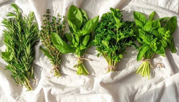 Bunches of rosemary, thyme, and basil on white cloth.