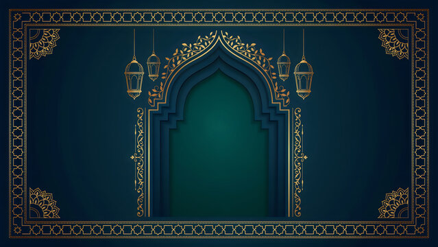 Islamic background with traditional arch, lanterns and golden ornamental frame for ramadan kareem greeting