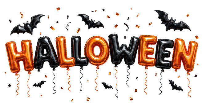 Retro Halloween balloon letters, orange and black party decoration text, spooky celebration banner design for October event isolated PNG with Transparent Background