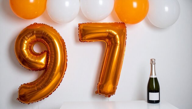 Number 97 Balloon with Champagne Bottle. Orange and White Theme for Birthday or Anniversary Celebration