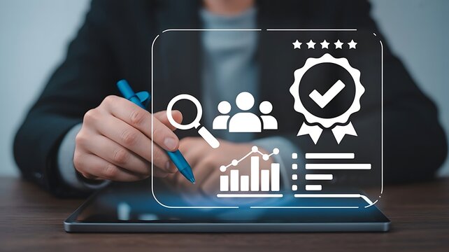 Businessman holding digital pen interacting with quality assurance and customer satisfaction holographic icons