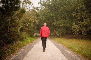 Fototapeta premium Man walking alone on park trail feeling solitude