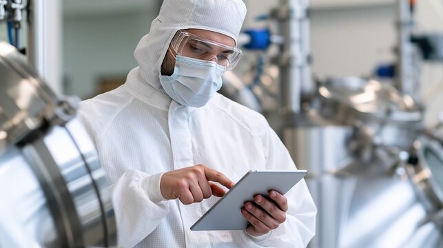 Scientist in Cleanroom Protective Suit Using Tablet for Data Analysis in Pharmaceutical Manufacturing Facility