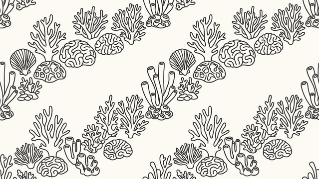 Black and white coral reef seamless pattern with hand drawn marine life elements like sea sponges brain corals and shells. Flat vector illustration.