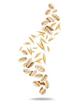 Oat flakes and oat grains floating in the air on a transparent background