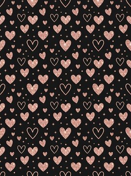 Seamless pattern with rose gold glitter hearts on black background