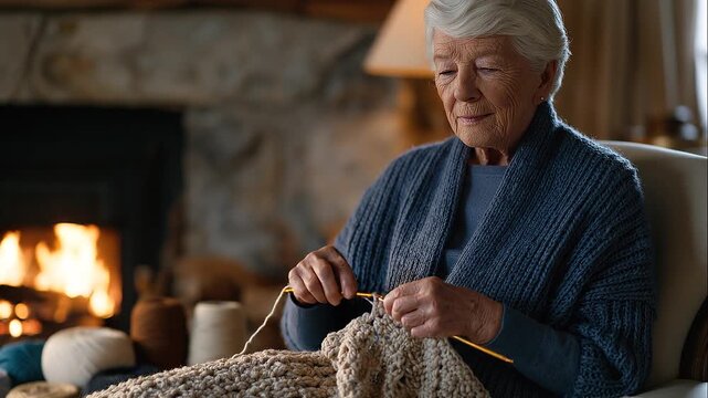 An elderly woman sitting alone in a modest living room by the hearth, arthritic fingers mid stitch on an intricate crocheted piece, yarn spools arranged around her chair, warm