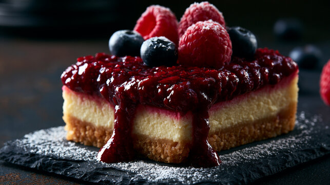 Delicious cheesecake square with fresh berries and raspberry sauce