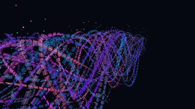 seamless looping motion background featuring 3D flowing ribbons and floating particles in vibrant blue, pink, and purple. Useful for presentation backgrounds, event displays, and digital signage.