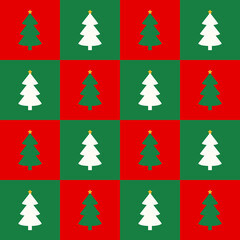 Obraz premium Seamless Christmas pattern with white and green trees on a red and green checkerboard grid background