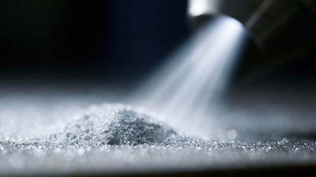 Fine powder being dispensed from industrial equipment onto a textured surface with dramatic lighting