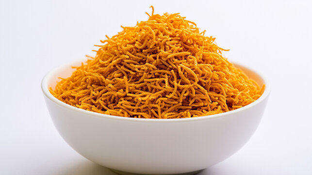 Bowl of aloo bhujia, a popular indian spicy snack made of potatoes