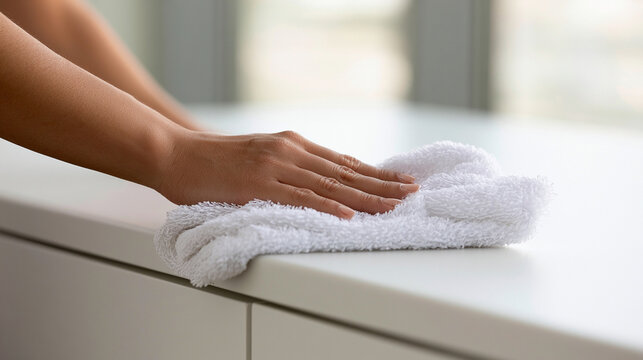 Close up of a person cleaning a white surface with a towel