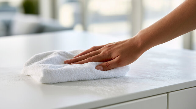 Closeup of a persons hand wiping a clean white kitchen counter