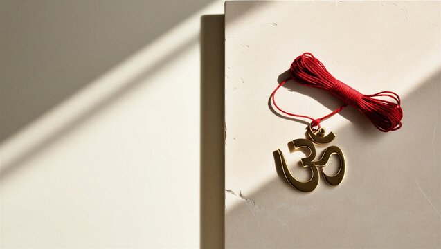 Om Symbol with Red Holy Thread on Beige Stone