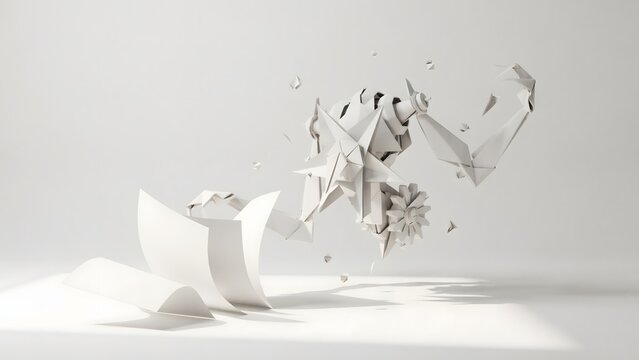 White paper folding into intricate origami - Suitable for abstract engineering and papercraft.