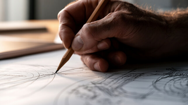 Closeup of an artists hand sketching detailed architectural lines with a pencil