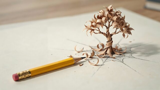 Pencil on paper with shavings as mini tree - Ideal for creative writing and artistic growth.