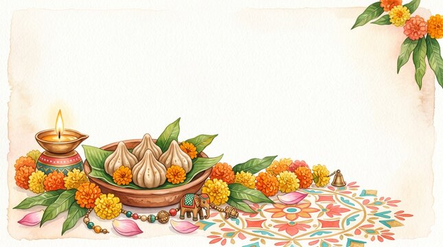 Watercolor Diwali background with traditional diya lamp and modak sweets for festive greeting