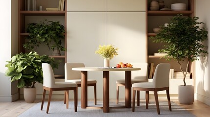 Fototapeta premium A modern dining table surrounded by chairs potted plants and built in shelving under warm natural light