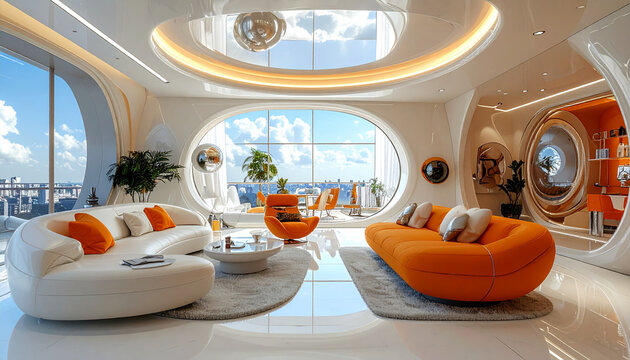 レトロフューチャーデザインが映える都会のリビング空間
Retro futurism living room interior with stylish urban apartment design