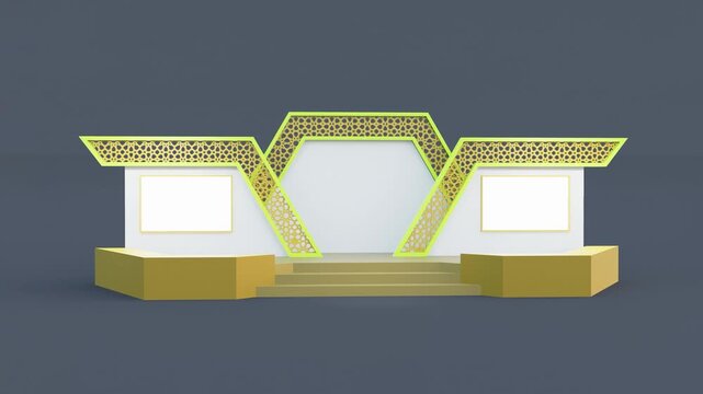 Cinematic 3D stage animation featuring Islamic geometric ornaments, with a smooth camera orbit moving from left to right, gradually revealing the complete elegant event stage and presentation backdrop