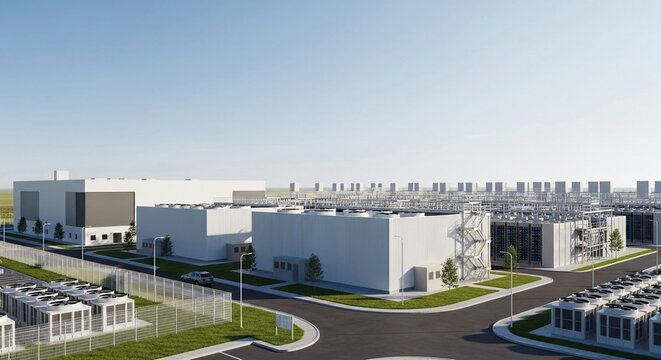 Expansive modern hyperscale data center facility with clean architecture under a clear blue sky, representing advanced technological infrastructure and digital operations.