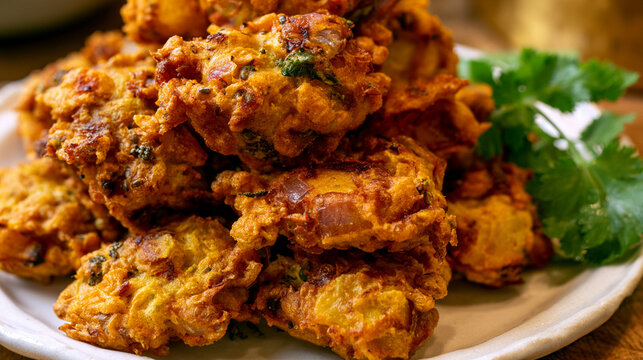 Crispy golden onion pakora fritters served on a white plate