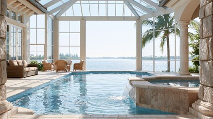 Fototapeta premium Luxurious indoor swimming pool with spa and stunning ocean view, surrounded by elegant architecture and comfortable seating