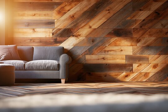 Cozy Living Room Interior with Gray Sofa Against Rustic Wood Plank Accent Wall and Sunlight Streaming In