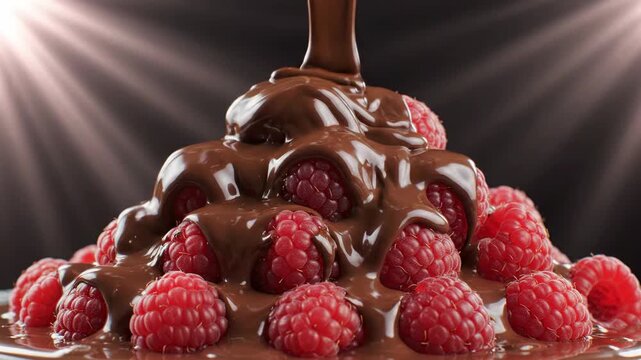 Melted dark chocolate cascading over a pyramid of fresh ripe raspberries, dessert decoration, rich decadent treat