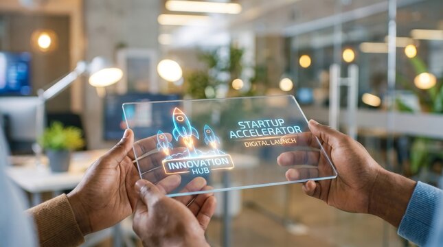 Person holding transparent tablet with startup accelerator digital launch and innovation hub hologram