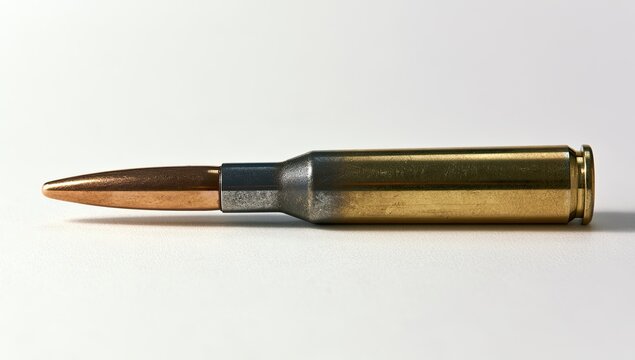 A single rifle bullet with a brass casing and a copper projectile on a white background.
