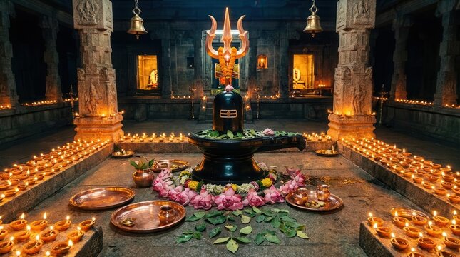 Sacred Shiva lingam altar illuminated for Maha Shivratri night worship