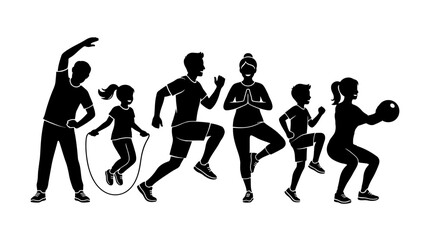 Obraz premium Group of people doing various exercise activities together isolated on transparent background, Vector