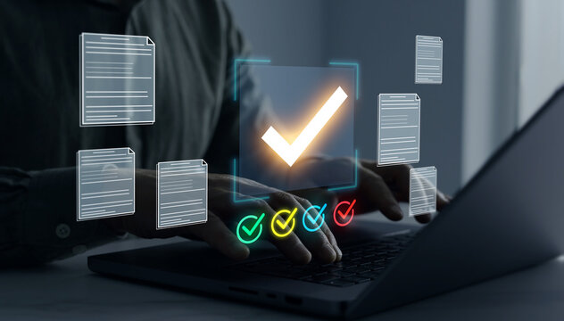 Task approval and checklist concept showing completed verification, confirmation status and business process validation.	
