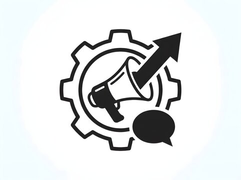 Marketing icon with megaphone and gears black vector illustration on white background