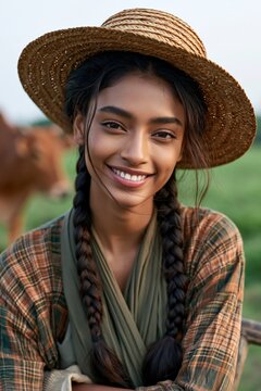 Happy young woman farmer wearing straw hat and double braids for organic farm portrait background and sustainable agriculture banner or editorial use