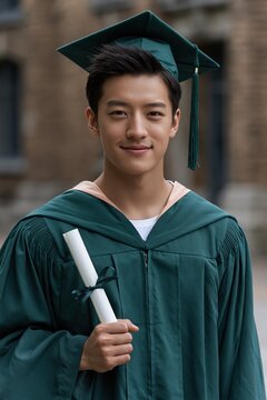 Young male graduate portrait with rolled diploma in green academic robe for university graduation poster background and commencement design