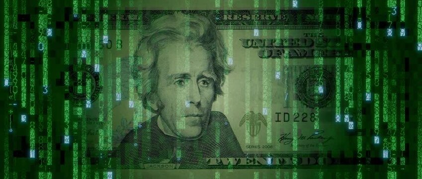 Electronic Money Concept with Twenty Dollar Bill made from Animated Code. Cryptocurrency Banking Background.