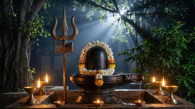 Sacred lingam and trishul altar glowing during a forest night vigil