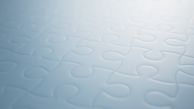 Close up of Light Blue Jigsaw Puzzle Pieces. Clean Collaboration Concept Backdrop.