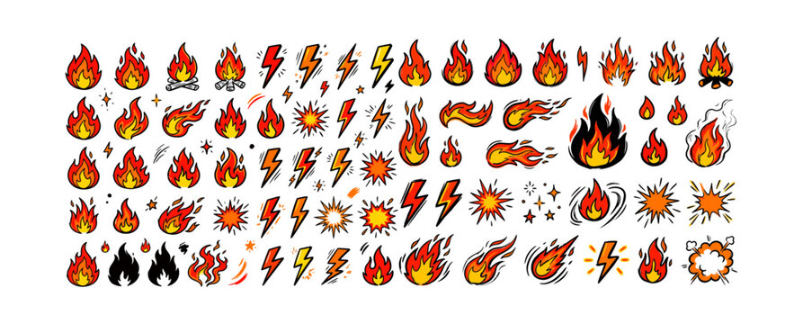 Hand drawn fire flame doodle vector set. Fire, flames, lightning bolts, explosion bursts and energy symbols with brush scribble and grunge effects for stickers, logos and graphic design