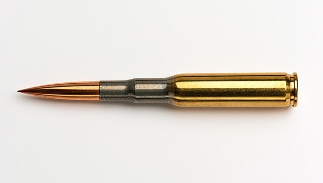 A single rifle bullet with a brass casing and a pointed projectile on a white background.