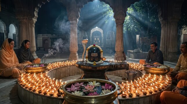 Worshippers Observe Sacred Night Festival Around Decorated Lingam in Temple