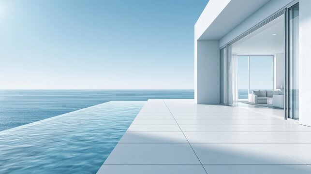 Modern luxury villa with infinity pool overlooking the serene ocean under a clear blue sky
