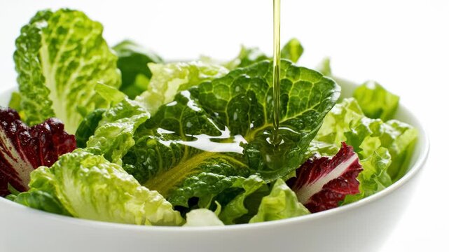 Pouring olive oil over fresh green salad with romaine and radicchio in white bowl, healthy food preparation, organic ingredients, diet and nutrition