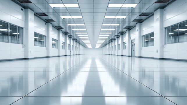 Modern sterile cleanroom corridor with reflective floor and bright ceiling lights